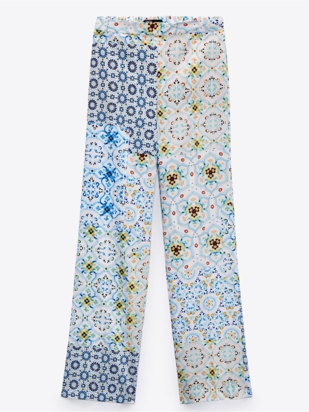 Zara Wide-Leg Patchwork Tile Print Pants - Blue/Multicolor